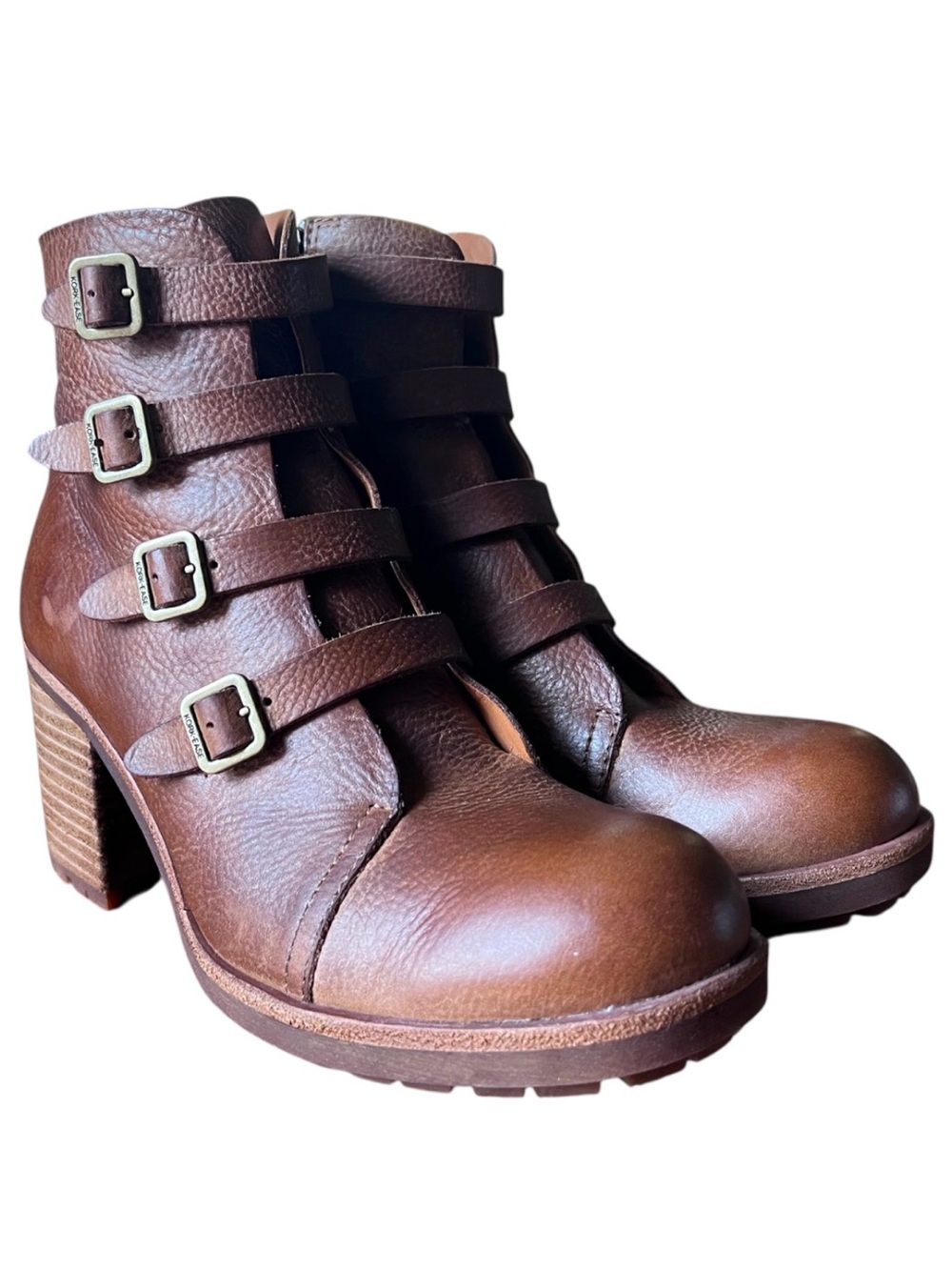 Kork-Ease Dee Brown Full Grain Leather Multi Buckle Moto Ankle Boots Size 8